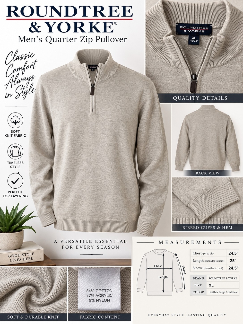 Roundtree & Yorke Men’s Quarter-Zip Pullover – XL